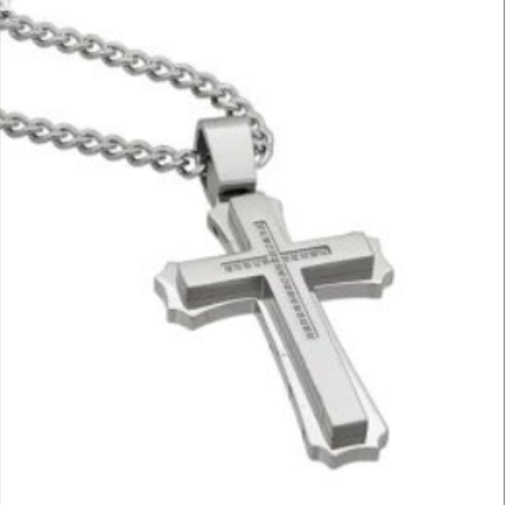 Men's Stainless Steel CZ Cross Pendant Necklace - Brand New